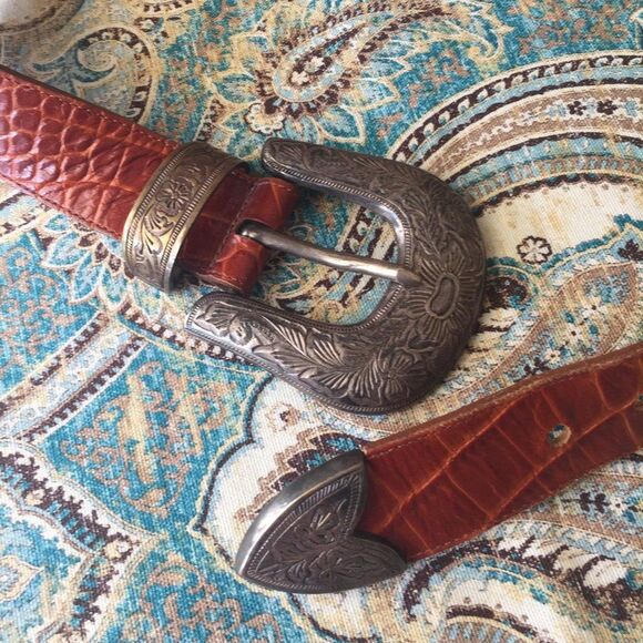 Jennifer Graham Leather Western Belt Croc Embossed Silver Brass Buckle Medium - Picture 2 of 10
